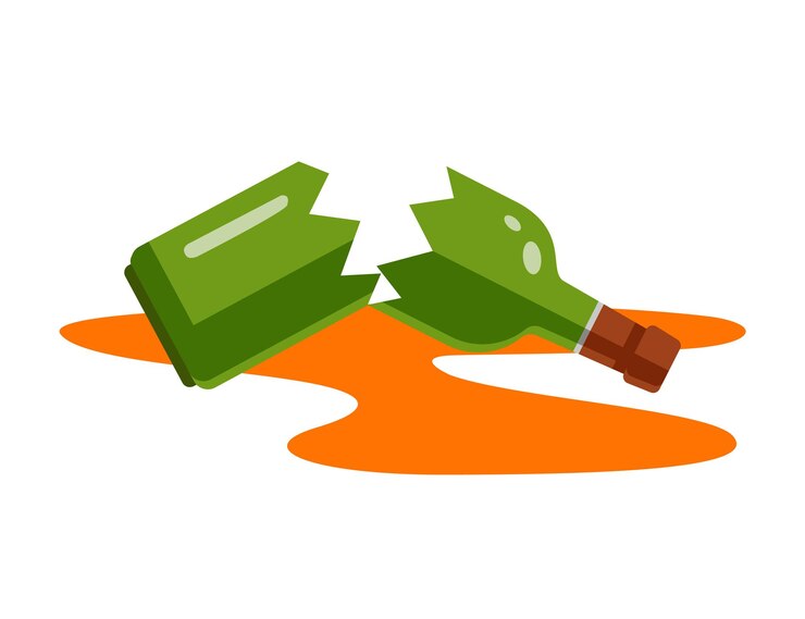 Vector ilustración vectorial plana de una botella de vino derramada