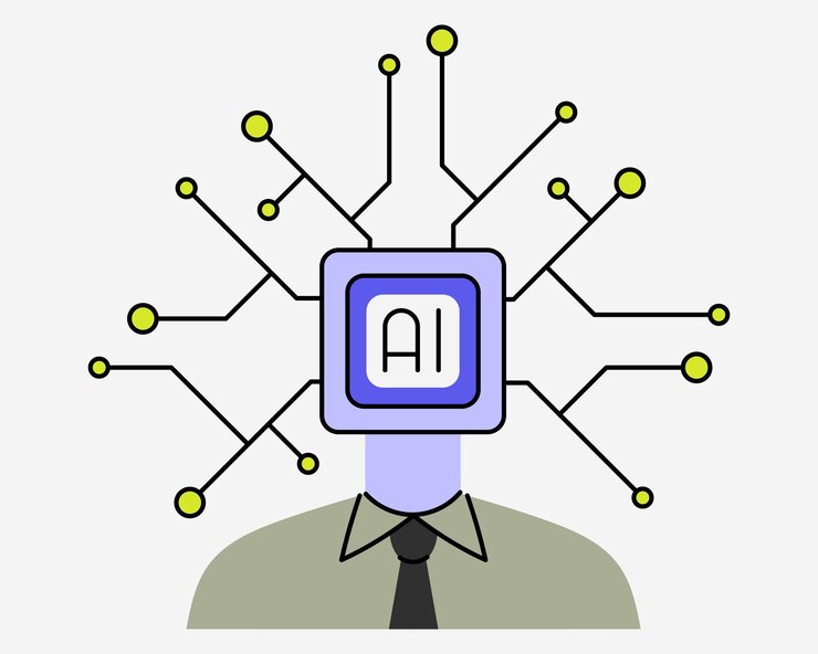 Vector ilustración vectorial plana de la cabeza humana con chip de ia líneas de microcircuito de inteligencia artificial