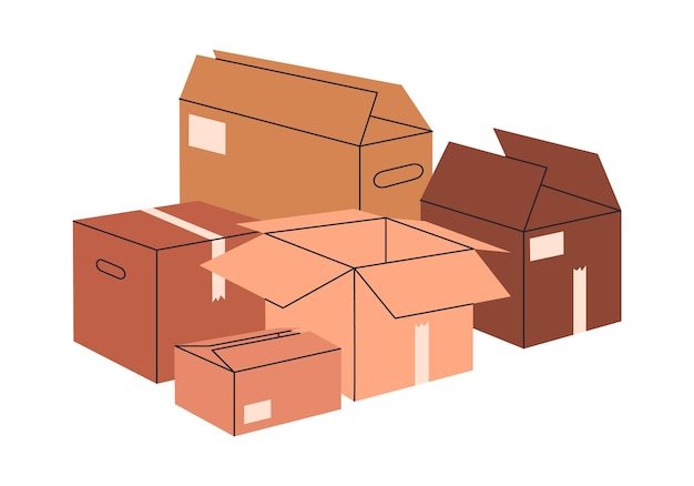 Ilustración vectorial plana de cajas de cartón apiladas Entrega de dibujos animados o transporte de contenedores en blanco