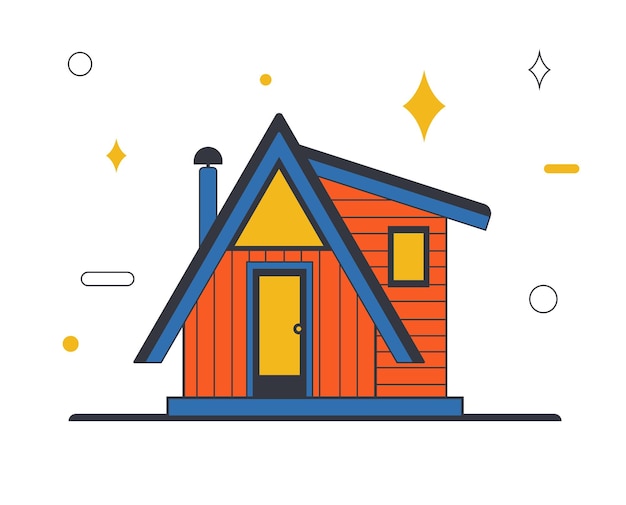 Ilustración vectorial plana de una casa naranja con un techo azul sobre un fondo blanco con estrellas