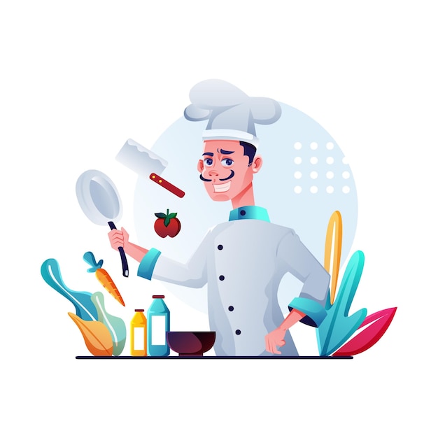 Vector una ilustración vectorial plana de un chef cocinando. adecuado para negocios, ilustración y cualquier otro negocio