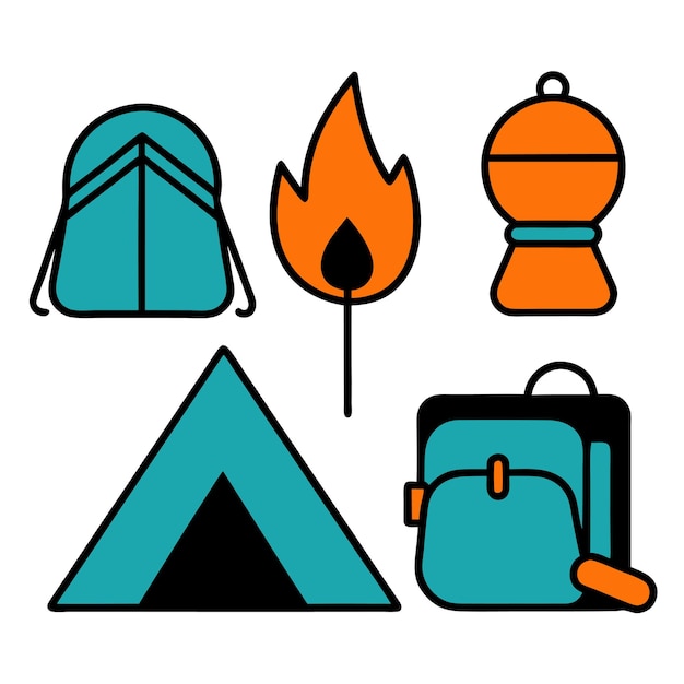 Ilustración vectorial plana Conjunto de íconos de los artículos de acampada