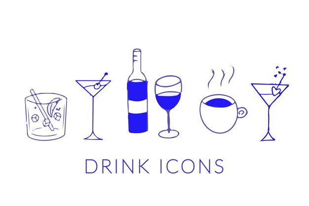 Vector ilustración vectorial plana de dibujos animados bebidas aisladas en fondo blanco conjunto de iconos retro lineales