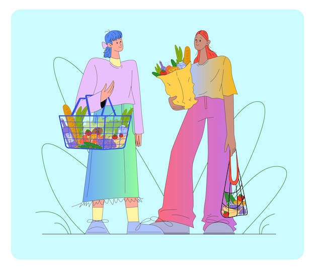 Ilustración vectorial plana de dos personajes femeninos comprando comestibles con cestas y bolsas
