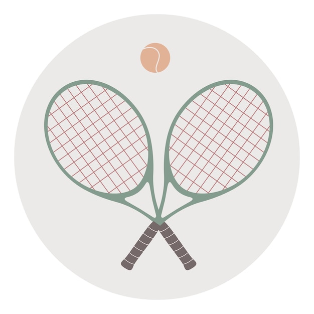 Ilustración vectorial plana en estilo infantil raquetas de tenis dibujadas a mano y una pelota para el logotipo