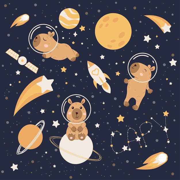 Ilustración vectorial plana en estilo infantil sobre un fondo oscuro Capibara lindo en el espacio Noche