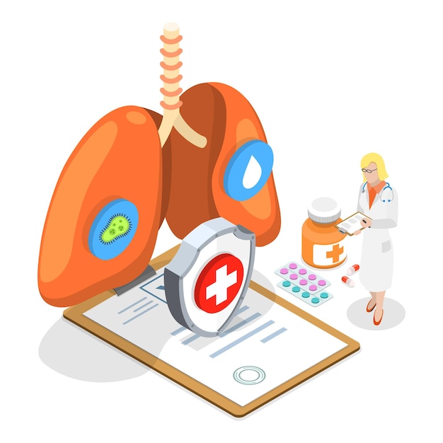 Ilustración vectorial plana isométrica 3d del examen y tratamiento del sistema respiratorio de enfermedades pulmonares artículo 1