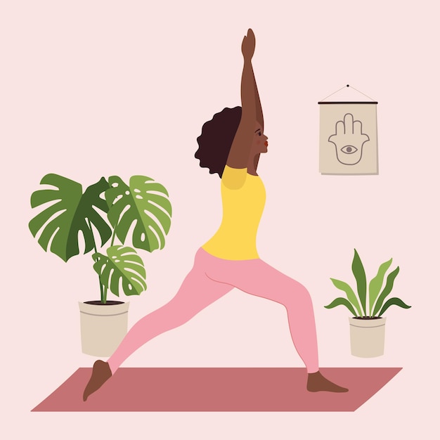 Ilustración vectorial plana de una joven negra haciendo ejercicios de yoga en el fondo