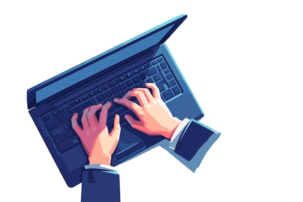 Ilustración vectorial plana de las manos escribiendo en un teclado de portátil moderno productividad y tecnología