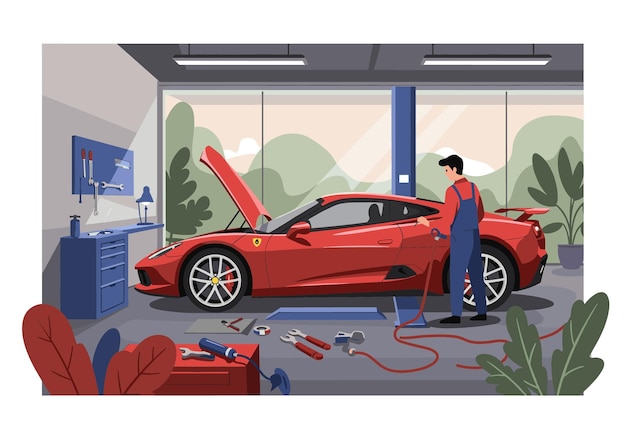 Ilustración vectorial plana de un mecánico de automóviles profesional reparando un automóvil deportivo rojo de lujo