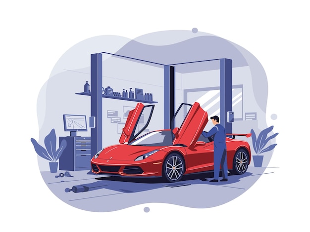 Ilustración vectorial plana de un mecánico de automóviles profesional reparando un automóvil deportivo rojo de lujo