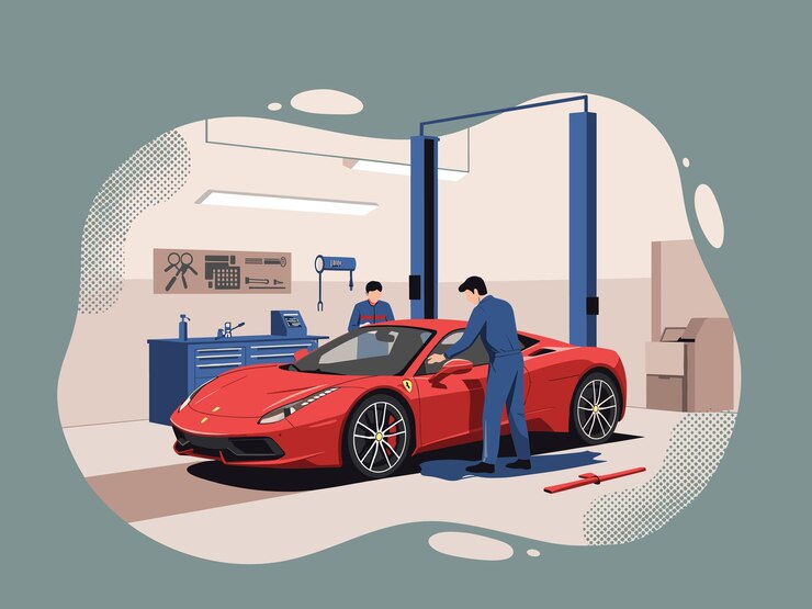 Vector ilustración vectorial plana de un mecánico de automóviles profesional reparando un automóvil deportivo rojo de lujo