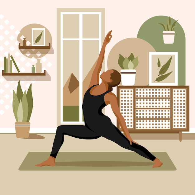 Ilustración vectorial plana de moda sobre ejercicios de yoga en la habitación