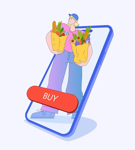 Ilustración vectorial plana de una mujer sosteniendo comestibles de compras en línea