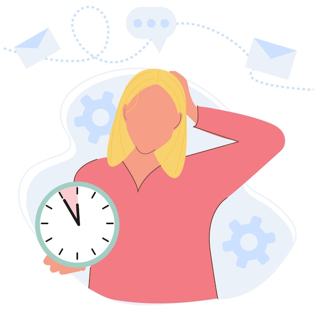 Ilustración vectorial plana con una mujer sosteniendo un reloj en la mano y un concepto confuso de gestión del tiempo