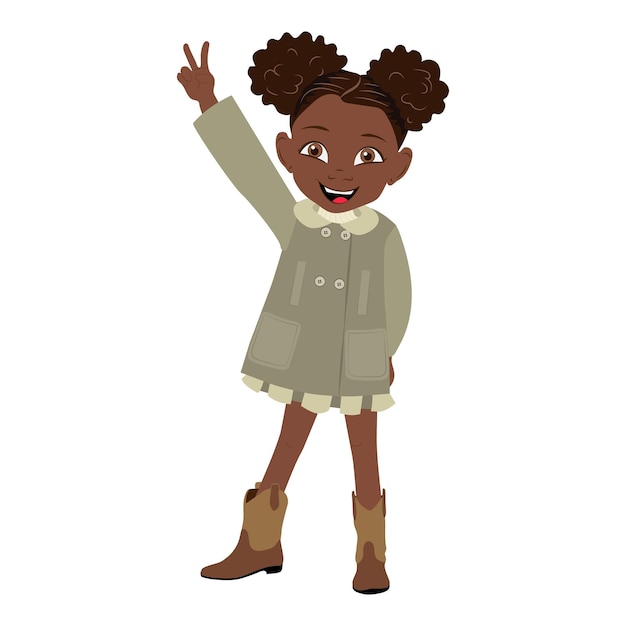 Ilustración vectorial plana de una niña afroamericana con abrigo y botas