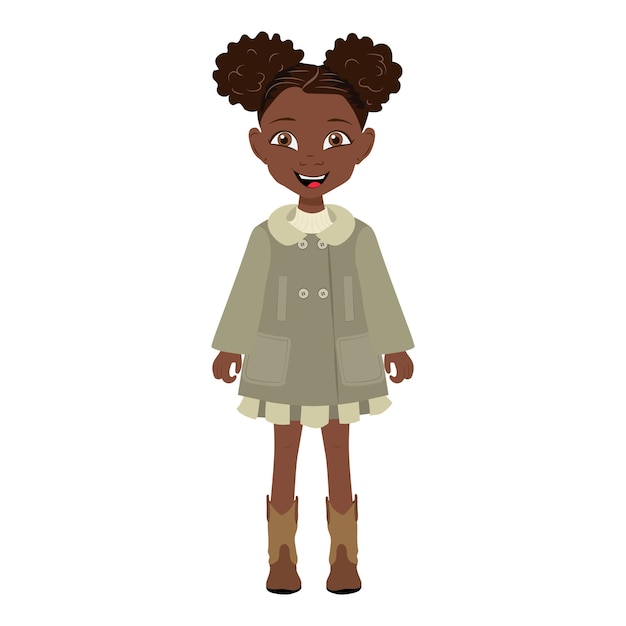 Ilustración vectorial plana de una niña afroamericana linda que lleva un abrigo y botas Artículo 5