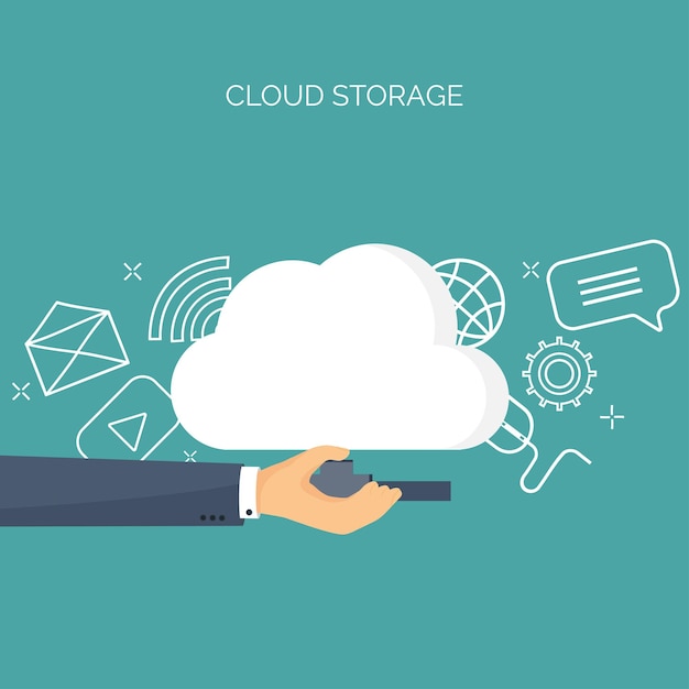 Ilustración vectorial plana nube informática fondo almacenamiento de datos tecnología de red multimedia