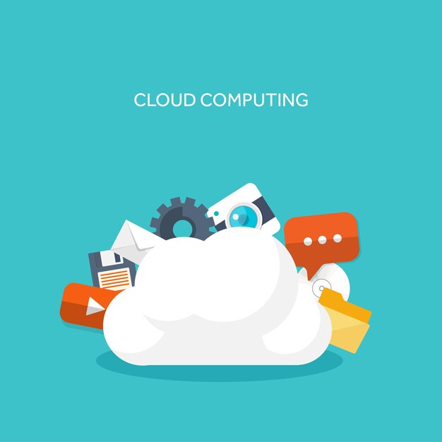 Ilustración vectorial plana nube informática fondo almacenamiento de datos tecnología de red multimedia
