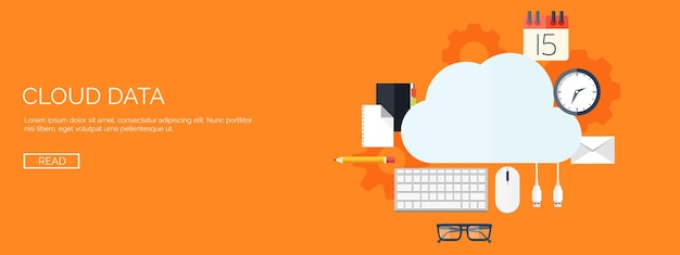 Ilustración vectorial plana nube informática fondo almacenamiento de datos tecnología de red multimedia