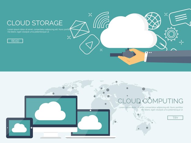 Ilustración vectorial plana nube informática fondo almacenamiento de datos tecnología de red multimedia