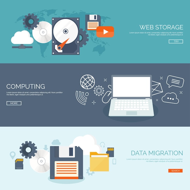 Ilustración vectorial plana nube informática fondo almacenamiento de datos tecnología de red multimedia