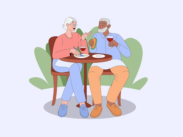 Ilustración vectorial plana de una pareja de ancianos activos socializando durante el almuerzo
