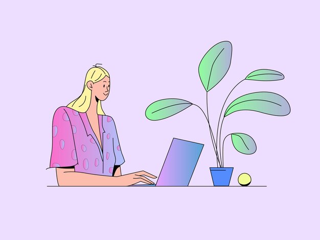 Ilustración vectorial plana de un personaje femenino trabajando en una computadora portátil