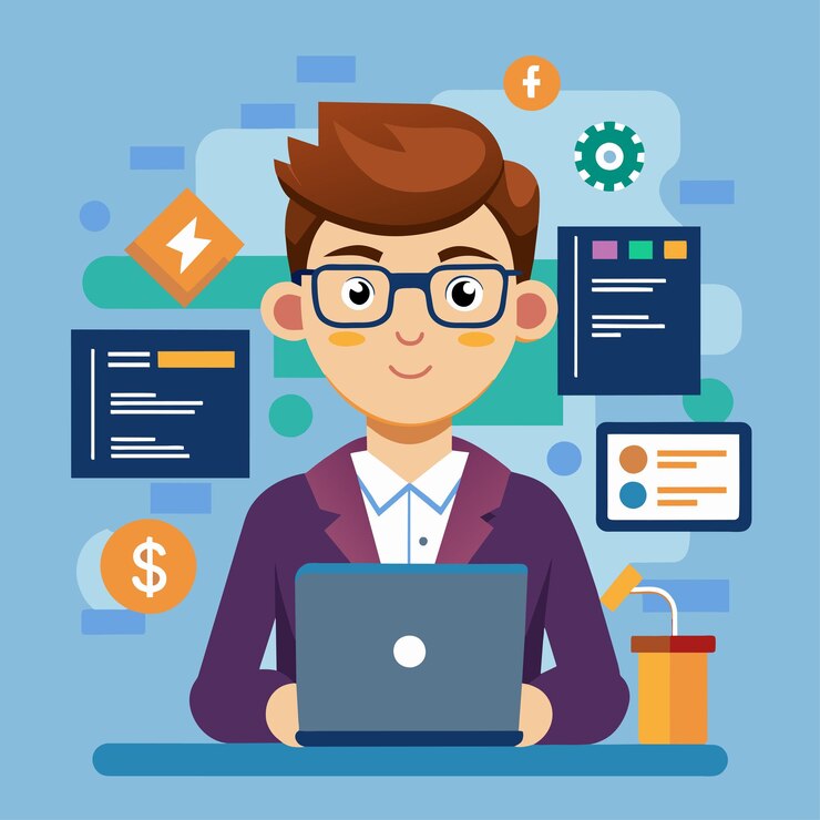 Vector ilustración vectorial plana de un personaje programador de computadora