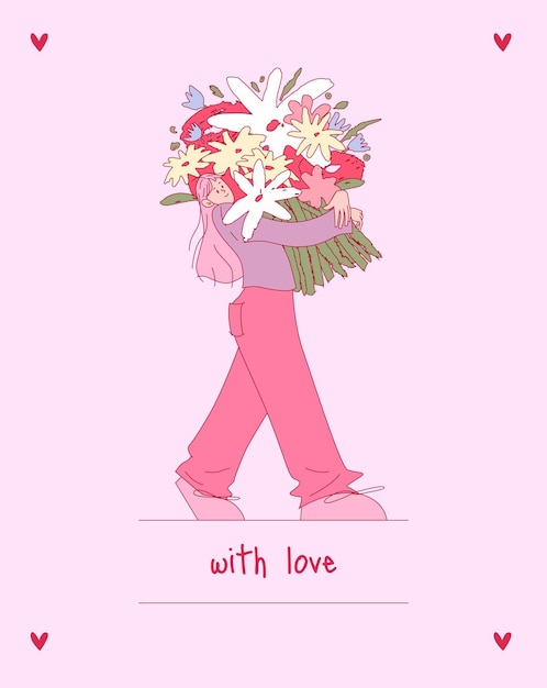 Ilustración vectorial plana del personaje que lleva flores para el Día de la Mujer y San Valentín