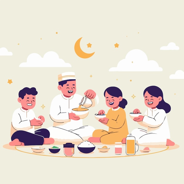 Ilustración vectorial plana de personas rompiendo el ayuno diseño simple y minimalista