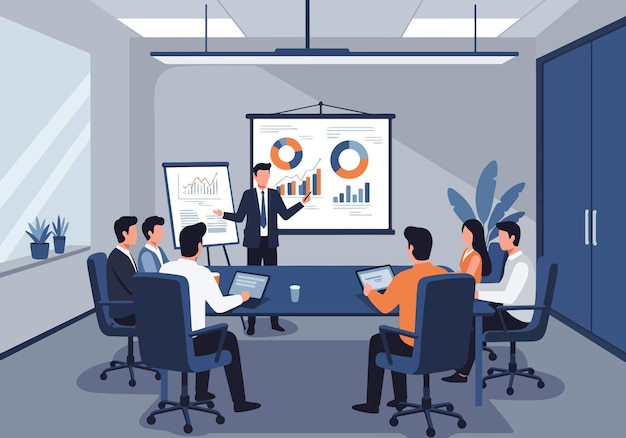 Ilustración vectorial plana de la presentación de negocios en una sala de conferencias moderna Reunión profesional