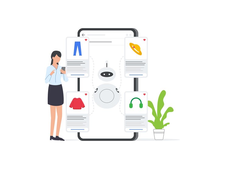 Vector ilustración vectorial plana de un robot de ia que ayuda a una mujer a seleccionar productos en el comercio electrónico móvil