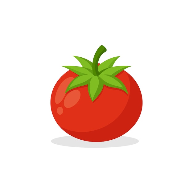 Ilustración vectorial plana de tomate con hojas aisladas en fondo blanco