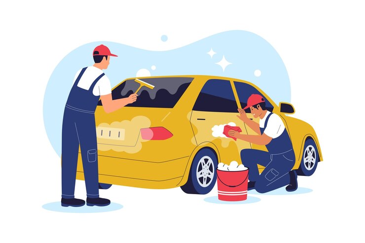 Vector ilustración vectorial plana de los trabajadores del lavado de automóviles que limpian la parte trasera del vehículo