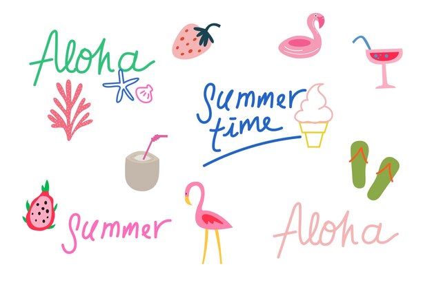 Ilustración vectorial plana de verano Ilustración aloha Íconos de frutas de verano Fondo de verano