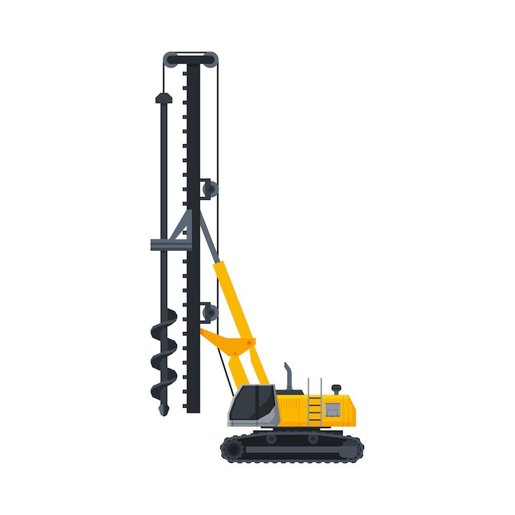 Vector ilustración vectorial plana de vista lateral de camiones de perforación y maquinaria de construcción de transporte especial pesado