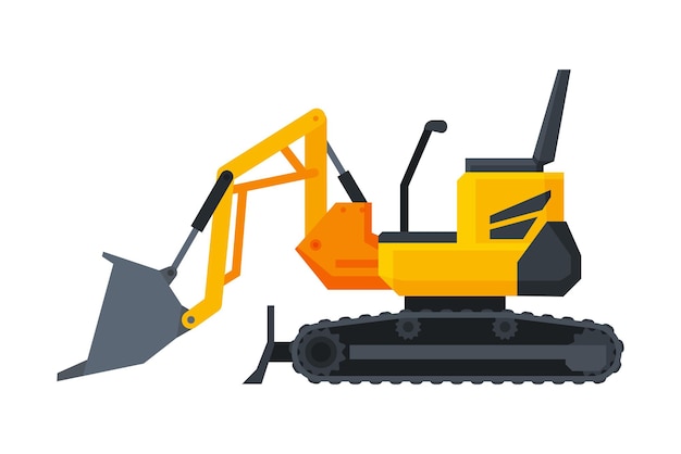 Ilustración vectorial plana de vista lateral de la máquina de construcción pesada de bulldozer para el transporte especial