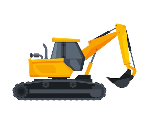 Vector ilustración vectorial plana de la vista lateral de las máquinas de construcción de bulldozer para el transporte especial pesado