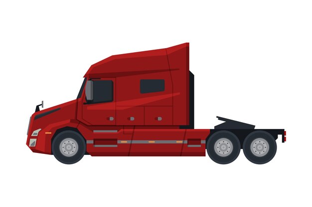 Ilustración vectorial plana de vista lateral de un vehículo de entrega de carga de camión rojo moderno sobre un fondo blanco