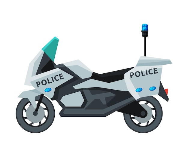 Ilustración vectorial plana de la vista lateral del vehículo de patrulla de emergencia de la policía en motocicleta