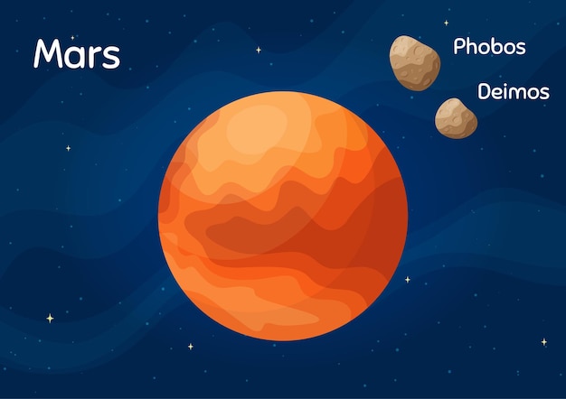 Ilustración vectorial del planeta espacial plano Marte Objetos espaciales de la galaxia Arte en horizontal azul oscuro estrellado