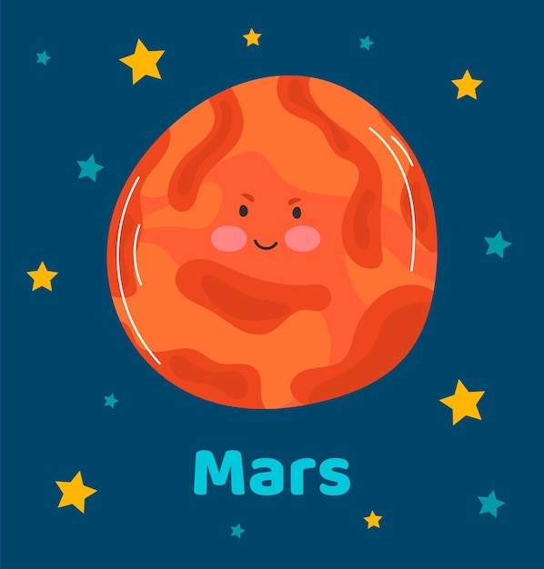 Ilustración vectorial planeta Marte en estilo de dibujos animados planos Cartel para la educación de la habitación de los niños Composición de la tarjeta de Marte de los planetas estrellas cometas constelaciones nave espacial