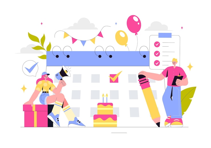 Vector ilustración vectorial del planificador de eventos con decoraciones de fiestas, programación, gestión del tiempo, agenda de negocios y un calendario en un fondo de estilo plano