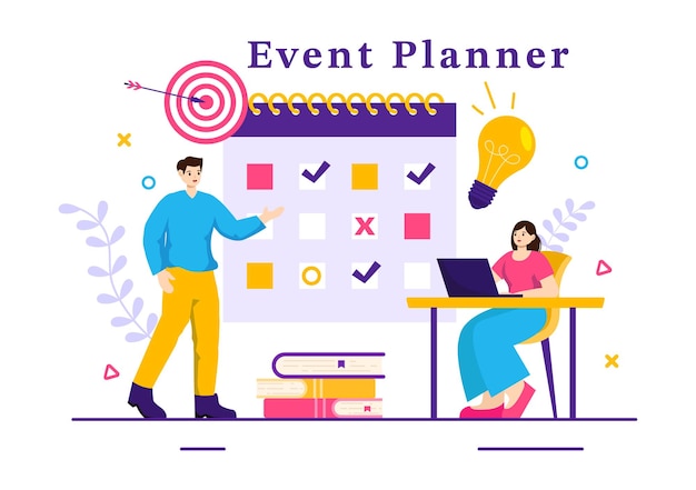 Ilustración vectorial del planificador de eventos con horario de planificación y concepto de calendario en fondo plano