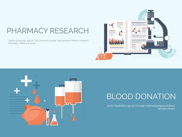 Ilustración vectorial plano de investigación de fondo médico y químico experimento de primeros auxilios de salud