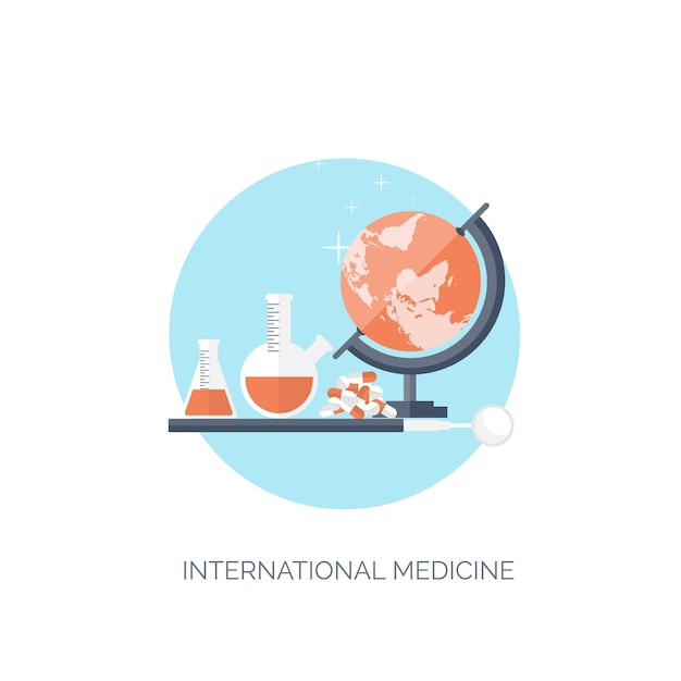 Ilustración vectorial plano de investigación de fondo médico y químico experimento de primeros auxilios de salud