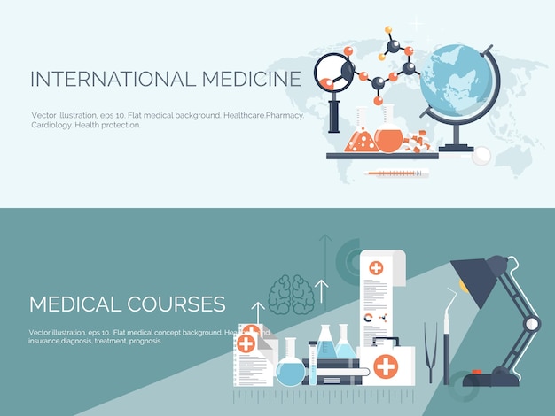 Ilustración vectorial plano de investigación de fondo médico y químico experimento de primeros auxilios de salud