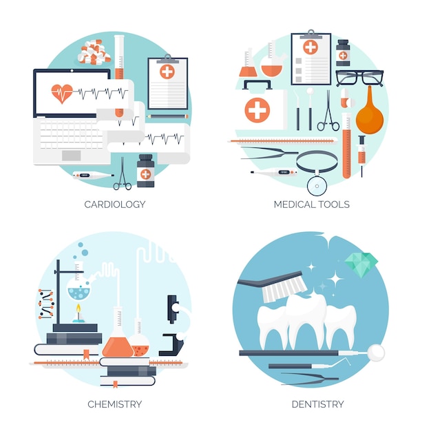 Vector ilustración vectorial plano de investigación de fondo médico y químico experimento de primeros auxilios de salud