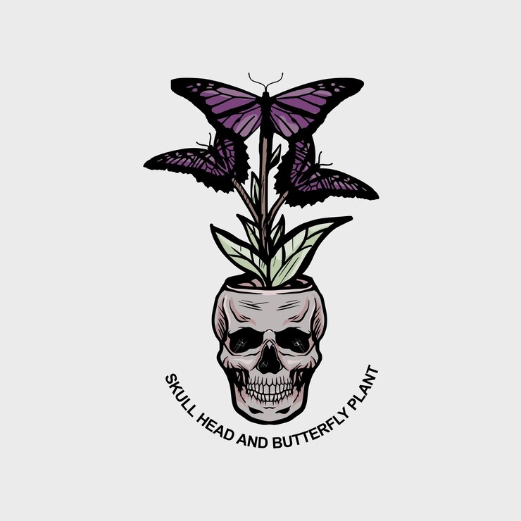 Ilustración vectorial de una planta de cráneo y mariposa en maceta